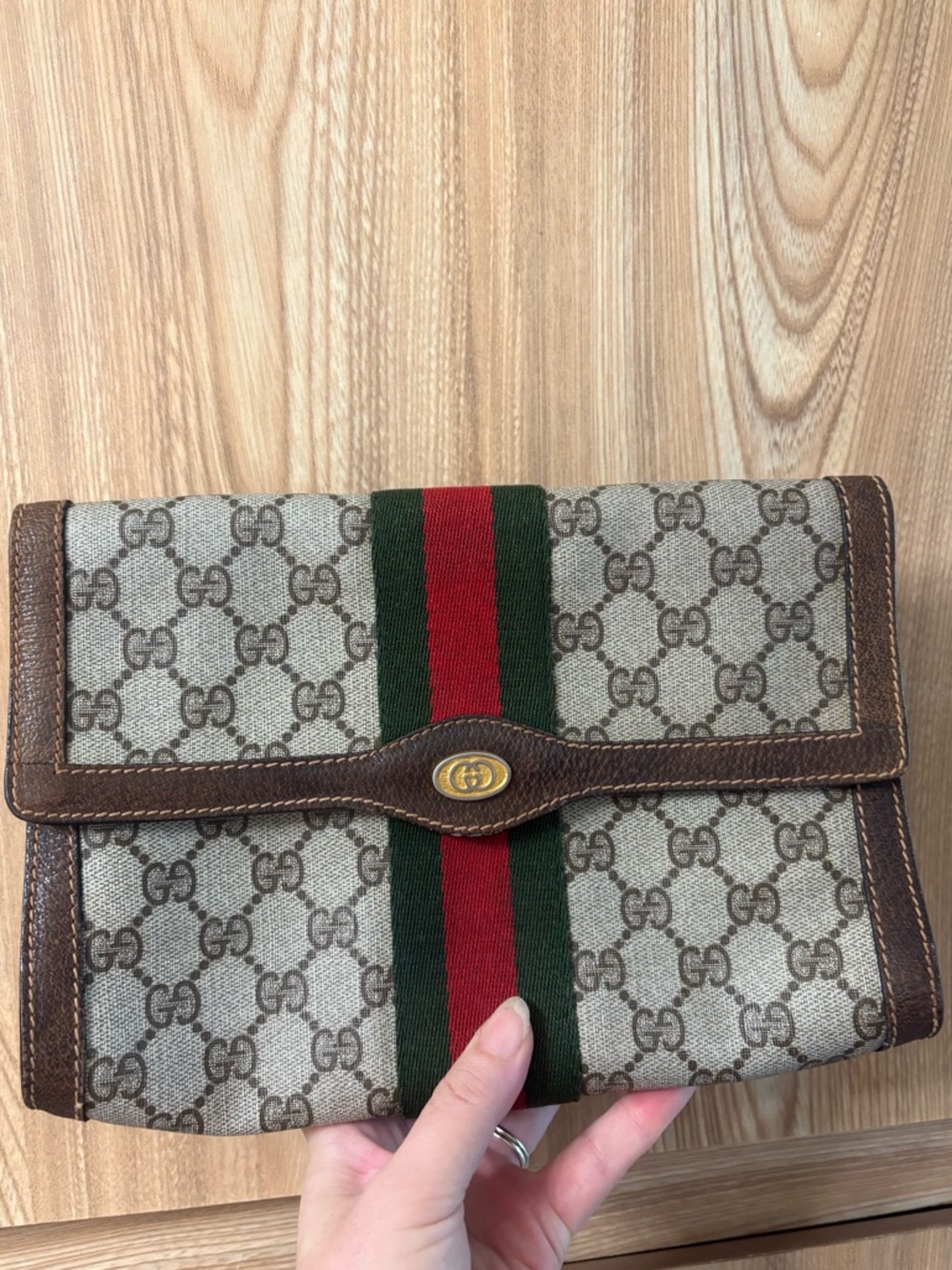 Auth Vintage Gucci GG Medium Size Flap Cover Snap Button Clutch Bag